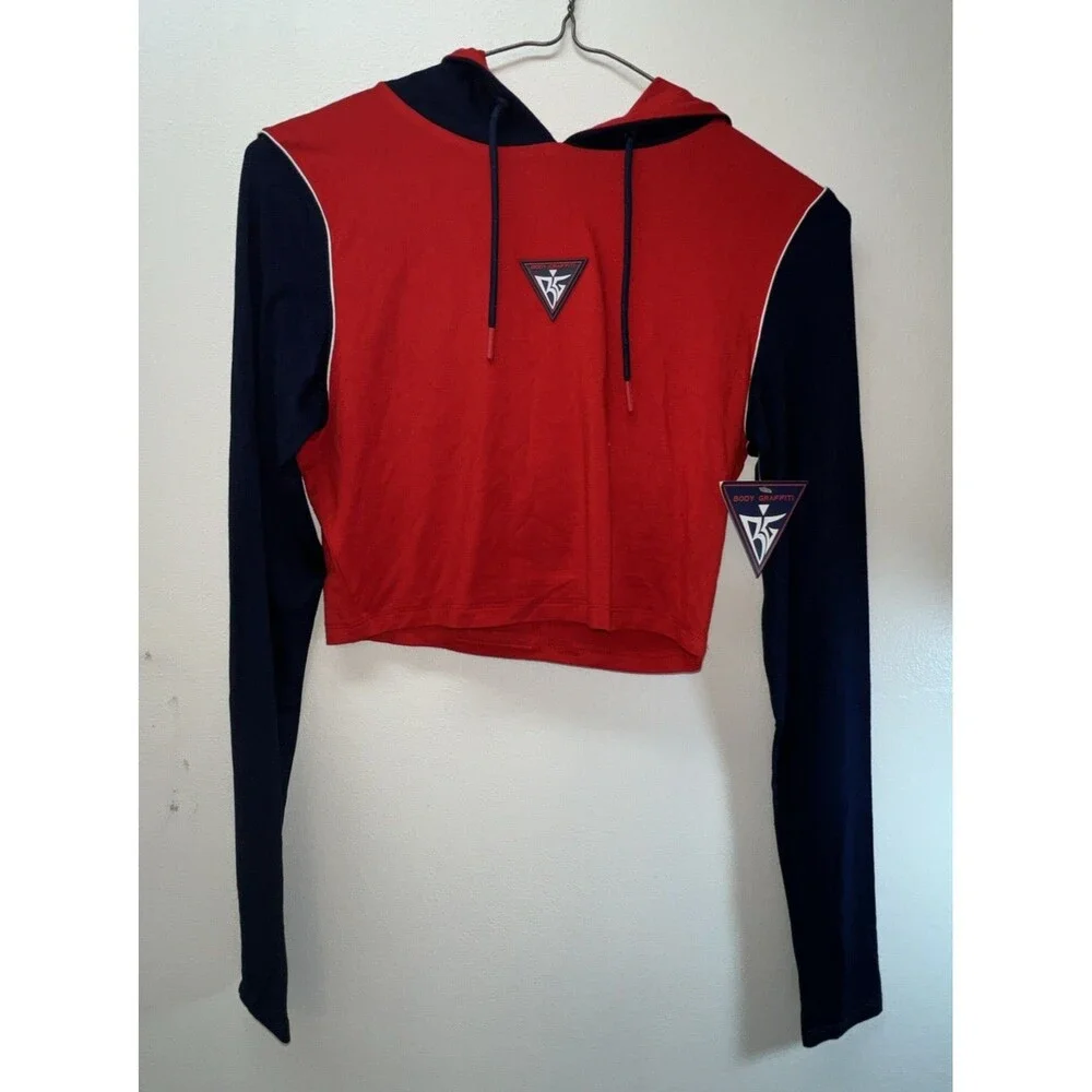 Body Graffiti Women’s Red‎ & Blue Crop Long-sleeve Hooded Top Size Medium